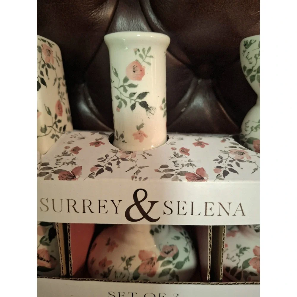 Surrey & Selena Floral Ceramic Candlestick Holder Set of 3NEW Pretty Cottagecore